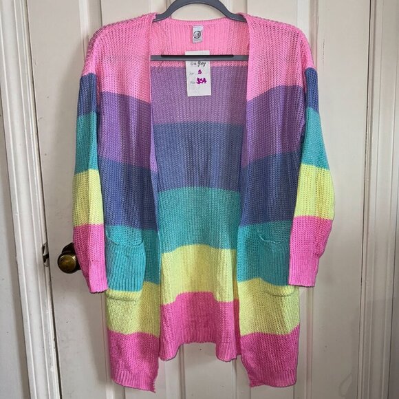 Pastel Rainbow Knit Long Sleeve Cardigan Lightweight Spring Pockets Colorblock - Picture 15 of 16
